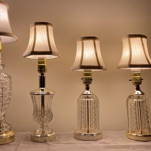 Mid century modern cut glass table lamps with gold accents